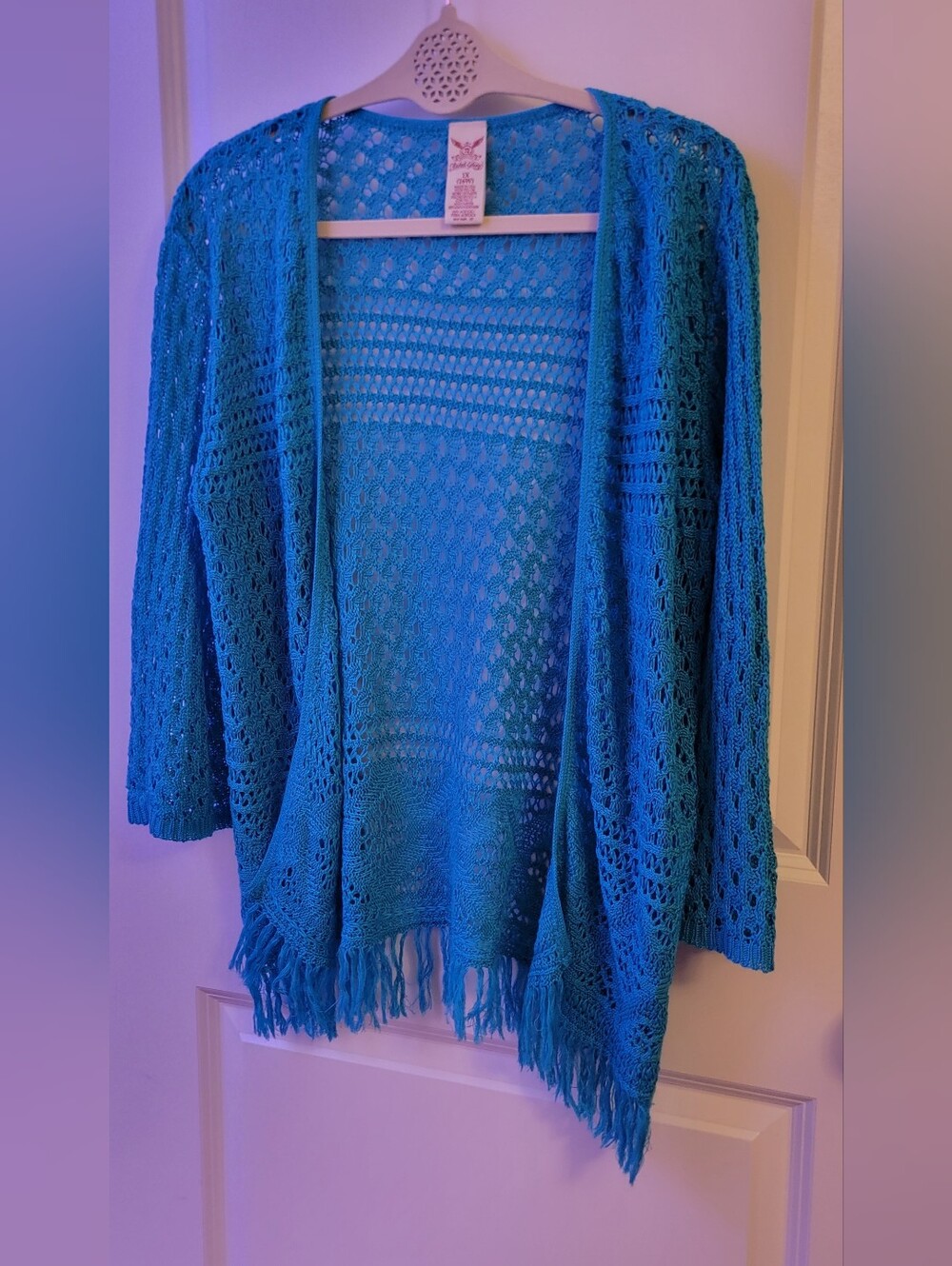 Open-Front Blue Crochet Fringe Women's Sweater Cardigan Size 1X (16W)